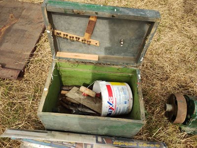 Lot 24 - Wooden Toolbox containing builders trowels and...