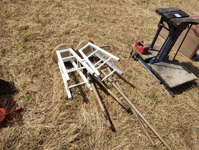 Lot 220 - Wooden Garden Tools and 2 x Wooden Kitchen Stools