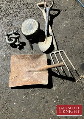 Lot 100 - Vintage Tractor Lamp, shackles, spade, fork...