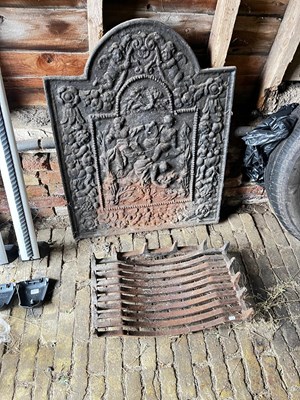 Lot 218 - Cast iron fireback and a fire grate (Located...