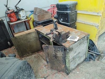 Lot 55 - Wheeled Metal Workbench with Vice and Cabinet